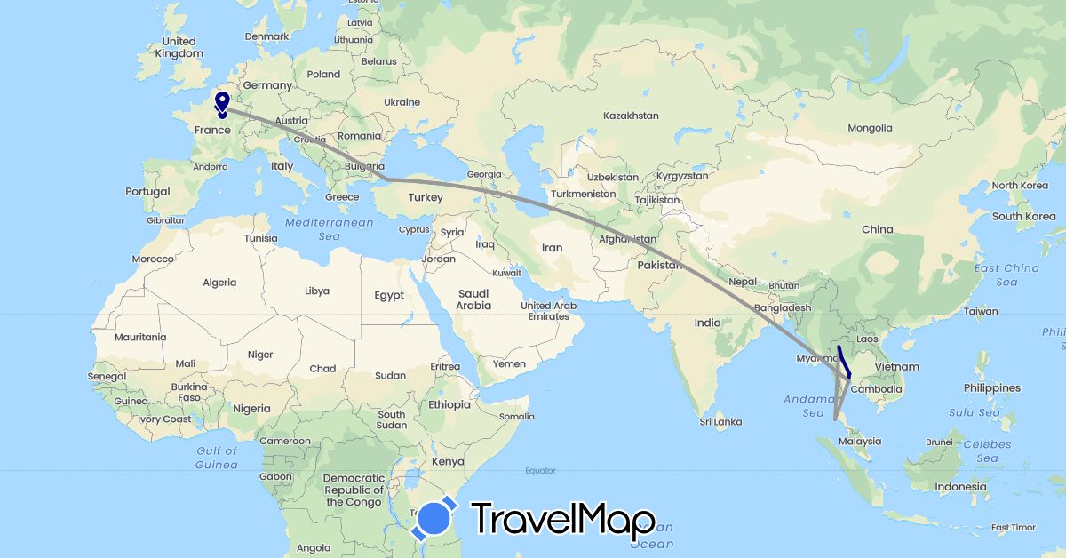 TravelMap itinerary: driving, plane in France, Thailand, Turkey (Asia, Europe)